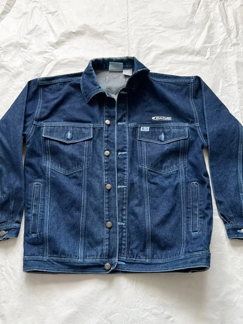 Vintage Y2k Culture Jeans Denim Jacket Mens Large dark wash denim pocket flaps